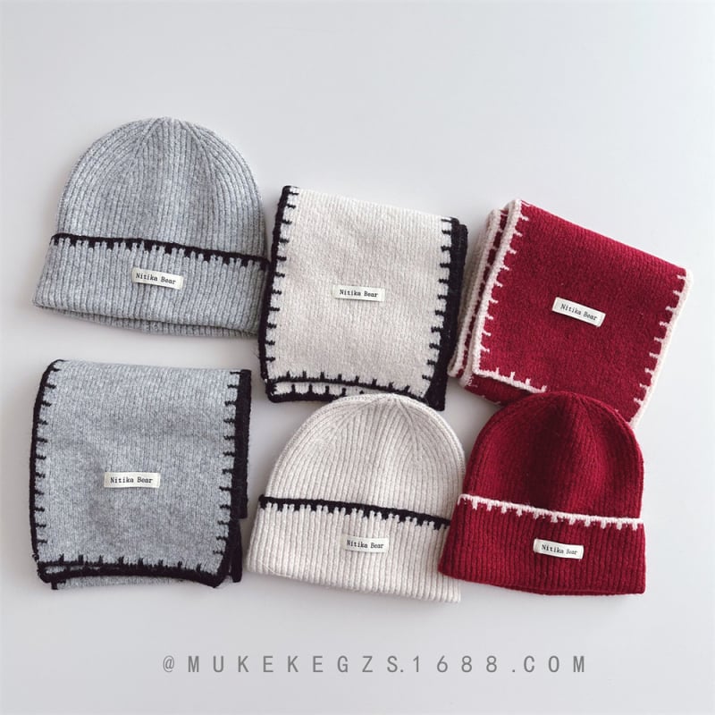 Σχεδιαστικό σετ πλεκτού καπέλου και κασκόλ για παιδιά, μαλλί, ζακάρ, μονόχρωμο, για τον χειμώνα
