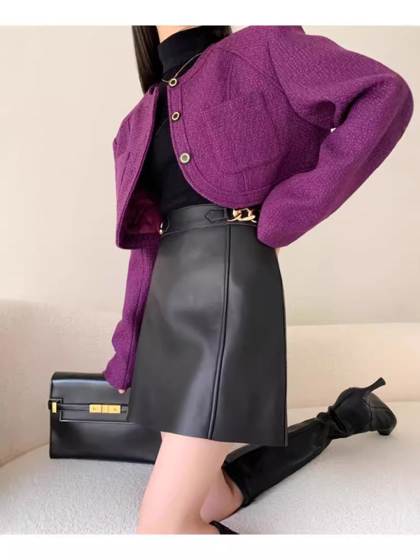 Ženska kožna mini suknja, visokim strukom, uskim krojem, gradski stil, pogodna za svakodnevno kretanje