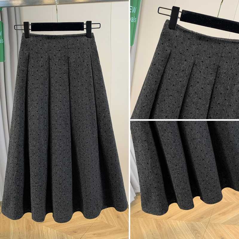 Дамска вълнена дълга плисирана пола с точков принт, елегантен делови стил