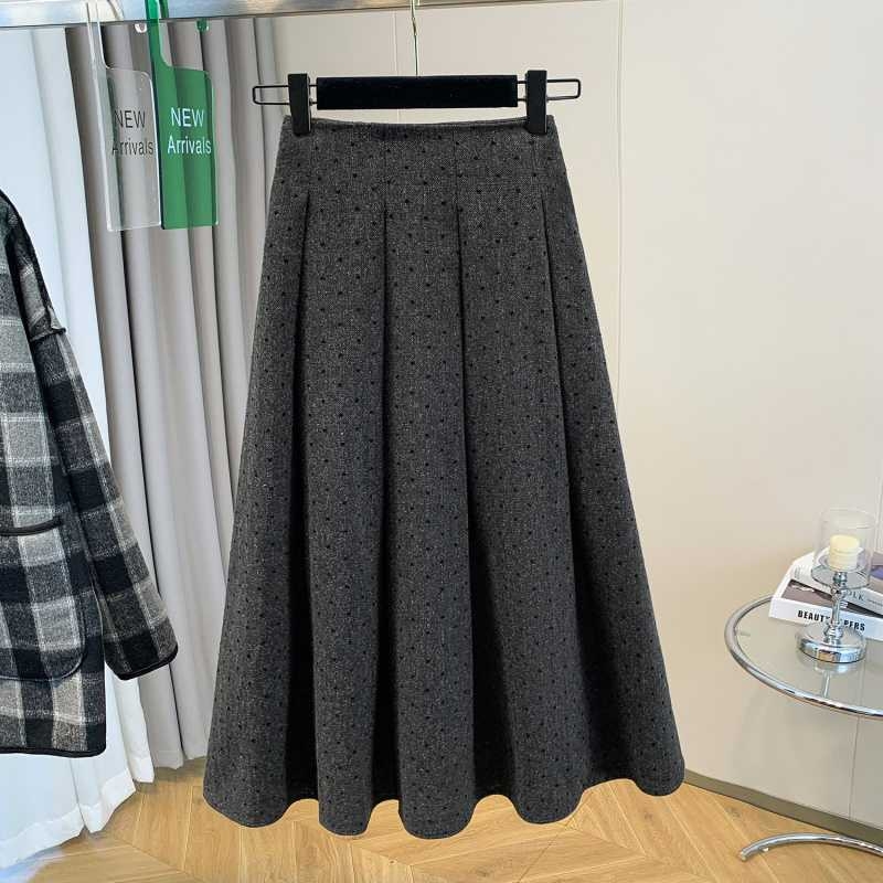 Дамска вълнена дълга плисирана пола с точков принт, елегантен делови стил