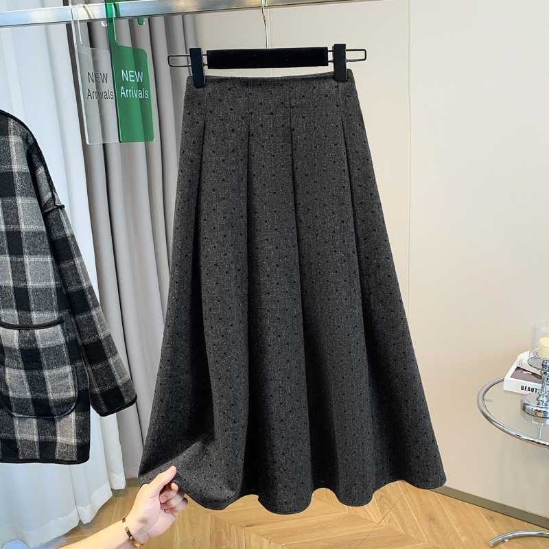 Дамска вълнена дълга плисирана пола с точков принт, елегантен делови стил