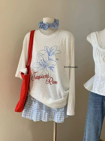 Bluza s labavim krojem, print ljiljana, dugi rukavi, lagana tkanina od spandeksa, UPF30+