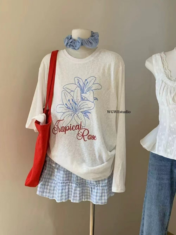 Bluza s labavim krojem, print ljiljana, dugi rukavi, lagana tkanina od spandeksa, UPF30+