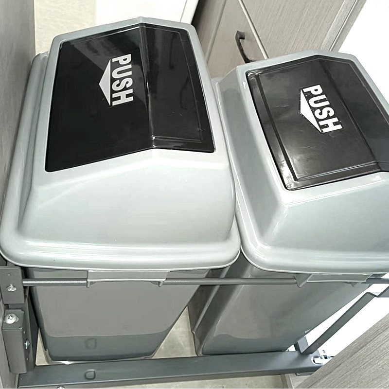 Κουζίνας ντουλάπι με συρόμενο καλάθι απορριμμάτων, κρυφός κάδος με καπάκι, διπλά καλάθια, διαχωρισμός στερεών-υγρών, συρόμενος μηχανισμός