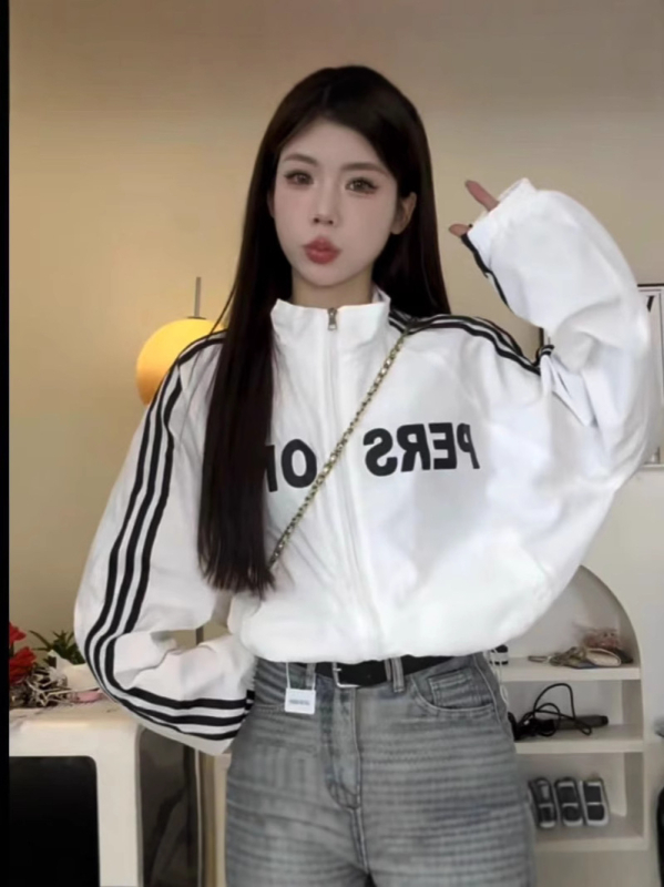 Ženska kratka jakna na zip sa stojećim ovratnikom, prugasta, s podesivim šnimama, zaštita od sunca UPF30+, natpis slovima, Harajuku stil, casual