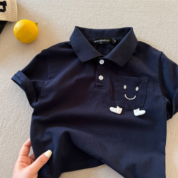 Gyerekeknek szóló polo póló Cartoon mosollyal, pamut, hímzett, uniszex, 3-8 éves, Nyár 2025