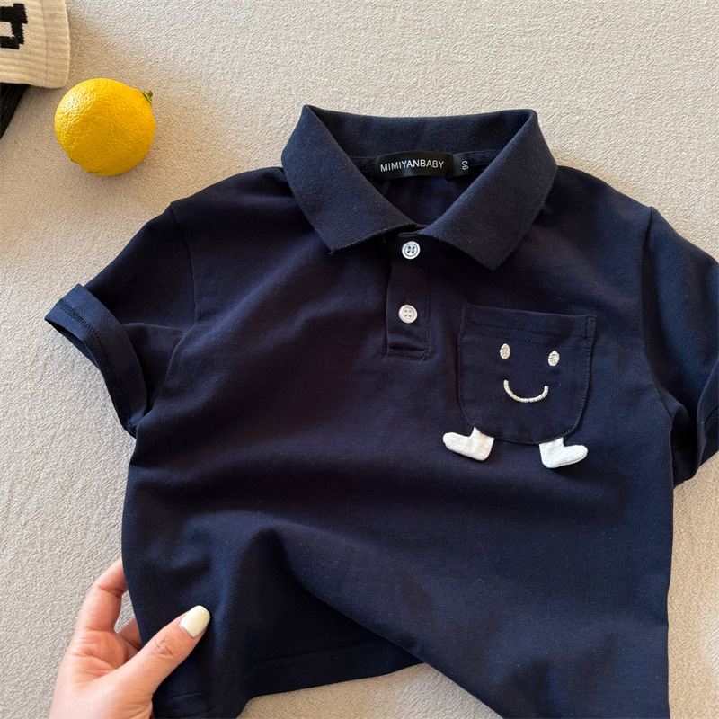 Gyerekeknek szóló polo póló Cartoon mosollyal, pamut, hímzett, uniszex, 3-8 éves, Nyár 2025