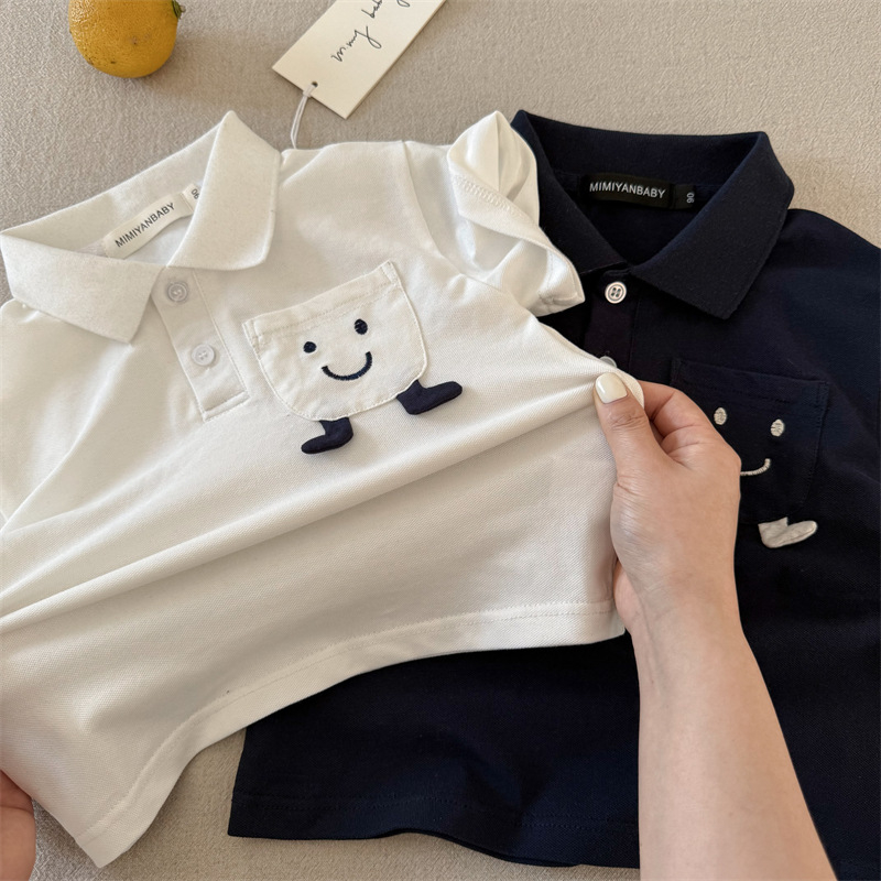 Gyerekeknek szóló polo póló Cartoon mosollyal, pamut, hímzett, uniszex, 3-8 éves, Nyár 2025