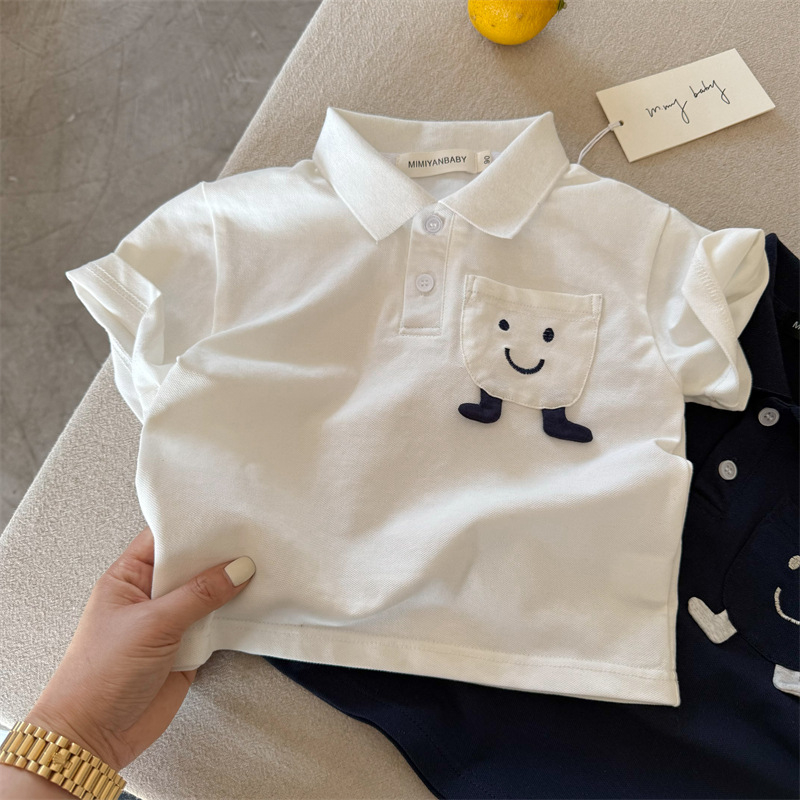 Gyerekeknek szóló polo póló Cartoon mosollyal, pamut, hímzett, uniszex, 3-8 éves, Nyár 2025