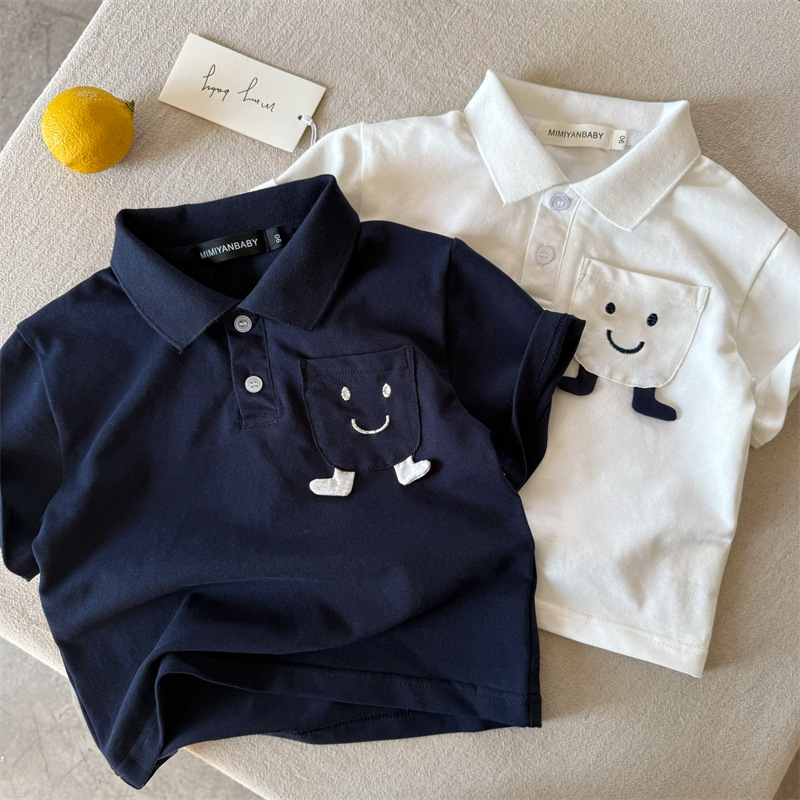 Gyerekeknek szóló polo póló Cartoon mosollyal, pamut, hímzett, uniszex, 3-8 éves, Nyár 2025