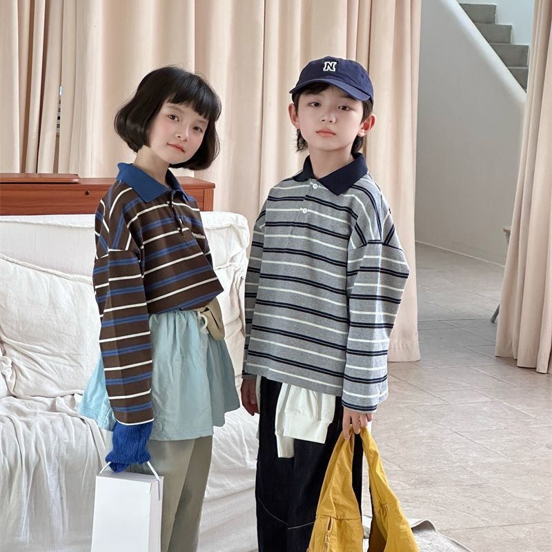 Dječja unisex polo majica s dugim rukavima, prugasta, pamuk, jesen 2025 izdanje, za uzrast 3–8 godina