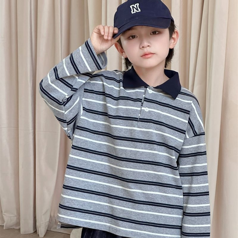 Dječja unisex polo majica s dugim rukavima, prugasta, pamuk, jesen 2025 izdanje, za uzrast 3–8 godina