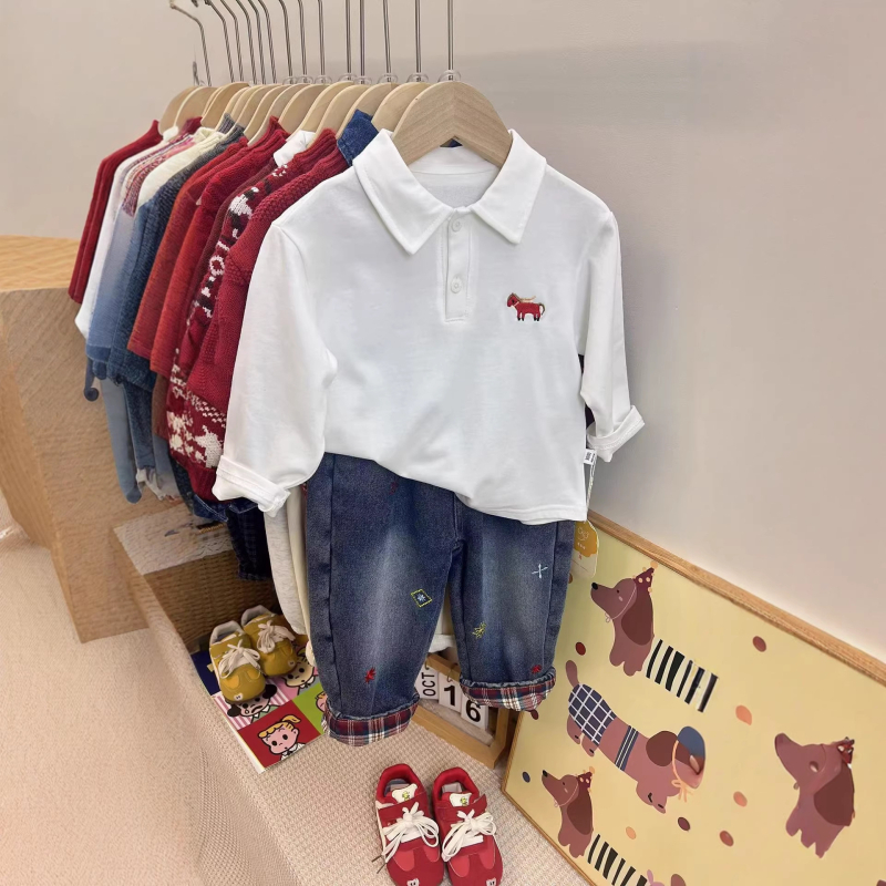 Polo majica za dječake, korejski stil, prugasti izvezeni detalji, 100% pamuk, novorođenče 0–12 mjeseci