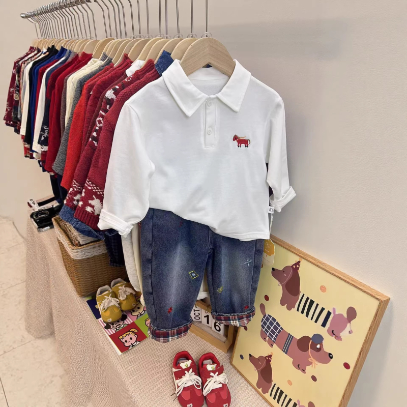 Polo majica za dječake, korejski stil, prugasti izvezeni detalji, 100% pamuk, novorođenče 0–12 mjeseci
