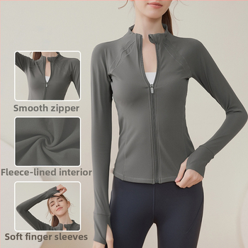 Női sportdzseki zipzárral, fleece béléses, hosszú ujjú, álló gallér, futáshoz és jóga