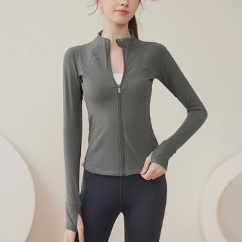 Női sportdzseki zipzárral, fleece béléses, hosszú ujjú, álló gallér, futáshoz és jóga