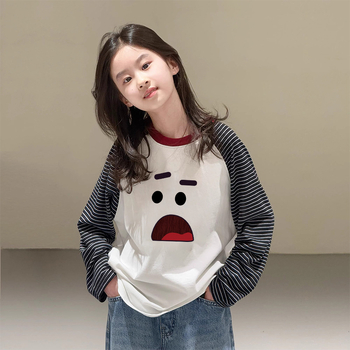 Lányok hosszú ujjú pamut felső, koreai stílusú Raglán, kerek nyak, 100% pamut, 3–8 és 8+ éves korosztálynak, tavasz–ősz, mintázat: rajzfilmfigurák és betűk