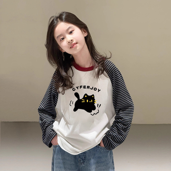 Lányok hosszú ujjú pamut felső, koreai stílusú Raglán, kerek nyak, 100% pamut, 3–8 és 8+ éves korosztálynak, tavasz–ősz, mintázat: rajzfilmfigurák és betűk