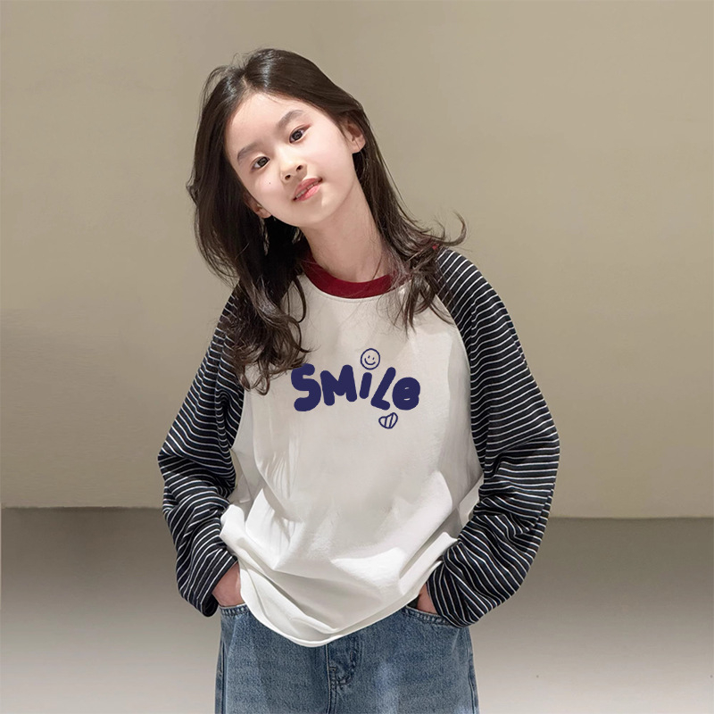 Lányok hosszú ujjú pamut felső, koreai stílusú Raglán, kerek nyak, 100% pamut, 3–8 és 8+ éves korosztálynak, tavasz–ősz, mintázat: rajzfilmfigurák és betűk