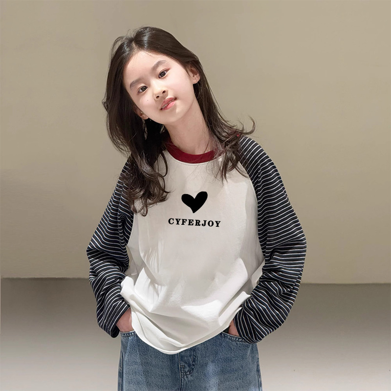 Lányok hosszú ujjú pamut felső, koreai stílusú Raglán, kerek nyak, 100% pamut, 3–8 és 8+ éves korosztálynak, tavasz–ősz, mintázat: rajzfilmfigurák és betűk