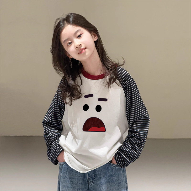 Lányok hosszú ujjú pamut felső, koreai stílusú Raglán, kerek nyak, 100% pamut, 3–8 és 8+ éves korosztálynak, tavasz–ősz, mintázat: rajzfilmfigurák és betűk