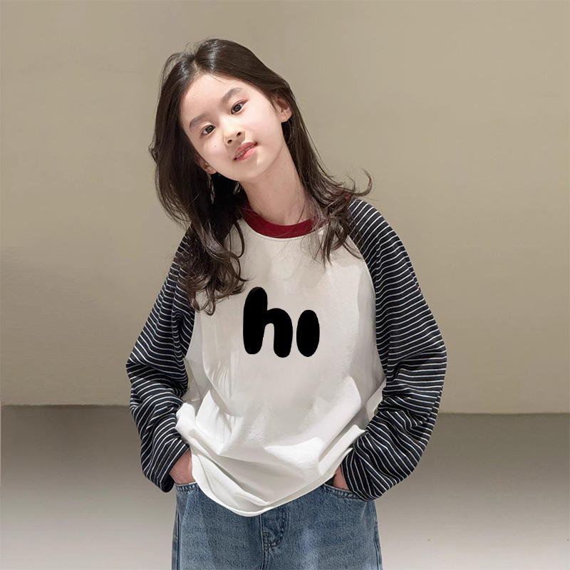 Lányok hosszú ujjú pamut felső, koreai stílusú Raglán, kerek nyak, 100% pamut, 3–8 és 8+ éves korosztálynak, tavasz–ősz, mintázat: rajzfilmfigurák és betűk