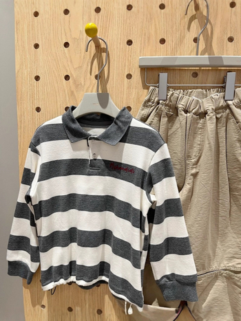 Cambridge-stílusú gyerek póló galléros felső, csíkos gallérral, pamutkeverék, hosszú ujjak, 3–8 éves.