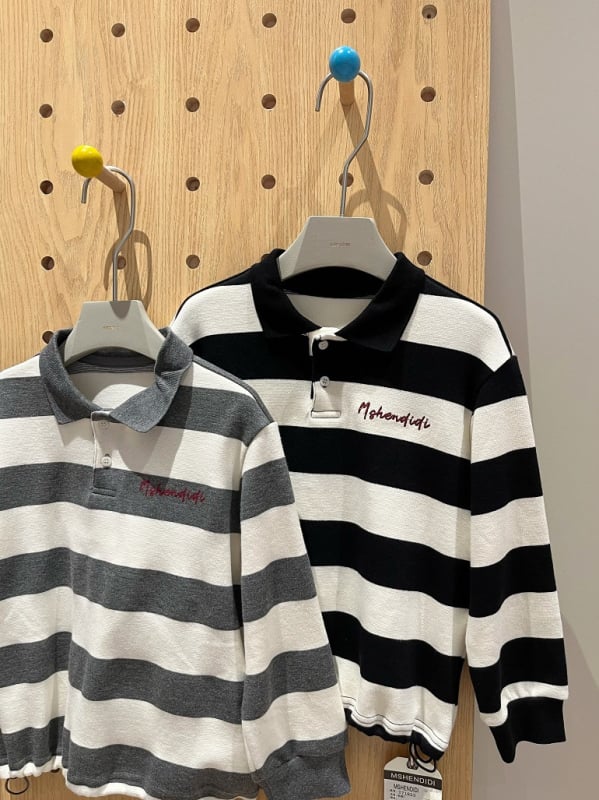 Cambridge-stílusú gyerek póló galléros felső, csíkos gallérral, pamutkeverék, hosszú ujjak, 3–8 éves.