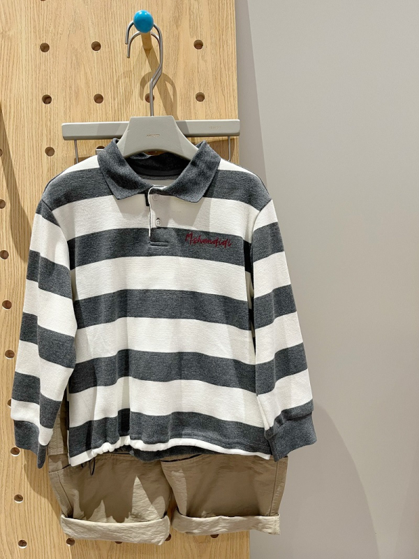 Cambridge-stílusú gyerek póló galléros felső, csíkos gallérral, pamutkeverék, hosszú ujjak, 3–8 éves.