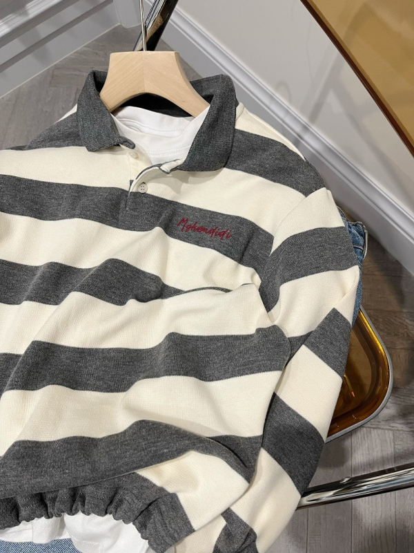 Cambridge-stílusú gyerek póló galléros felső, csíkos gallérral, pamutkeverék, hosszú ujjak, 3–8 éves.