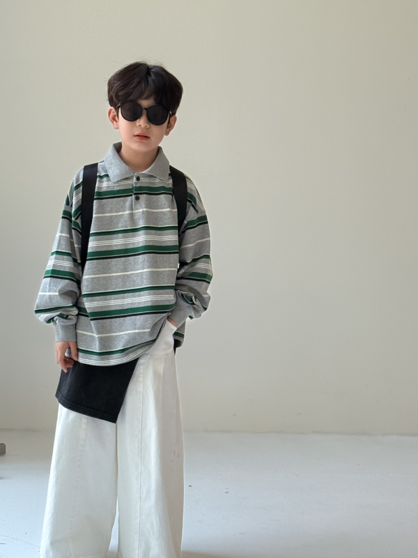 Dječja polo majica - Korejski stil, Prugasta, Labav kroj, Dugi rukavi
