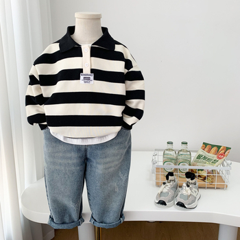 Polo majica za dječaka s dugim rukavima, prugasti uzorak, tkanina od laneno-mješavine, proljeće i jesen, dob 3–8 godina (Podrijetlo: Kina; Materijal: laneno-mješavina; Uzorak: pruge; Sezona: proljeće i jesen; Dob: 3–8 godina)