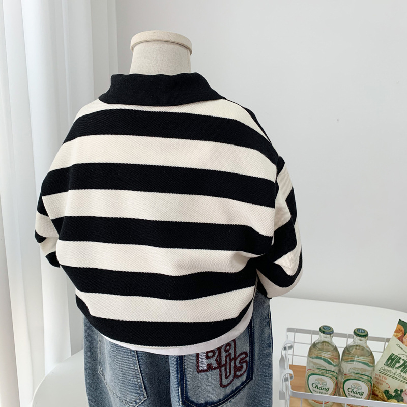 Polo majica za dječaka s dugim rukavima, prugasti uzorak, tkanina od laneno-mješavine, proljeće i jesen, dob 3–8 godina (Podrijetlo: Kina; Materijal: laneno-mješavina; Uzorak: pruge; Sezona: proljeće i jesen; Dob: 3–8 godina)