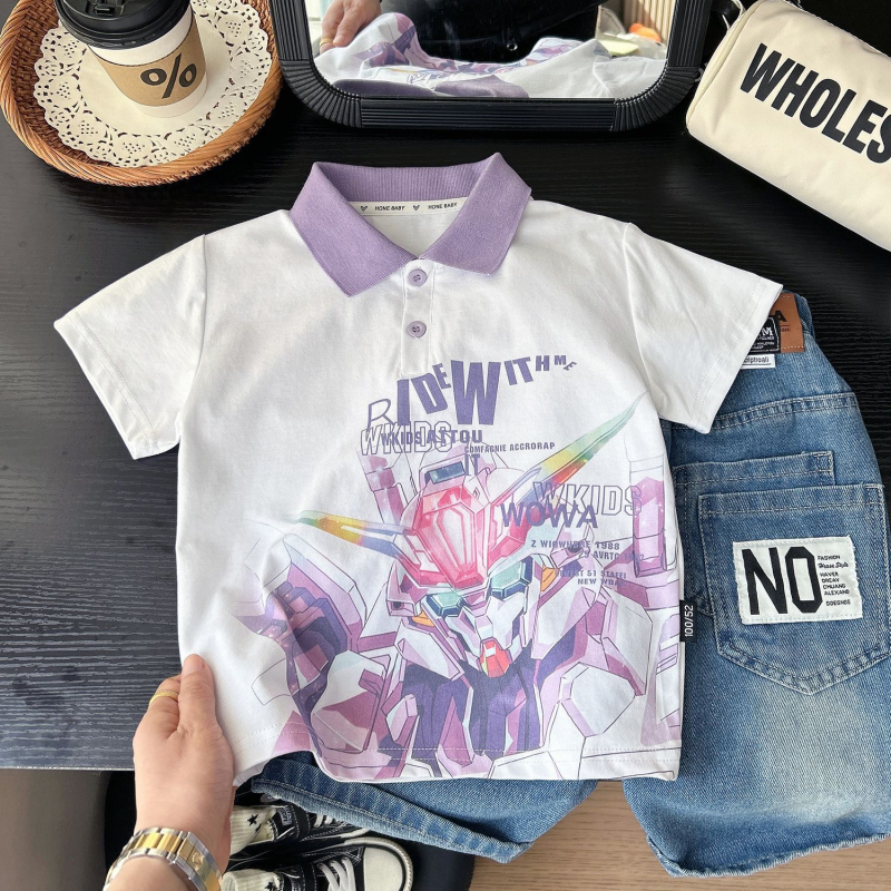 Dječje polo majice s robot printom, Ice Silk tkanina, korejski casual stil, kratki rukavi, za uzrast 3–8 godina