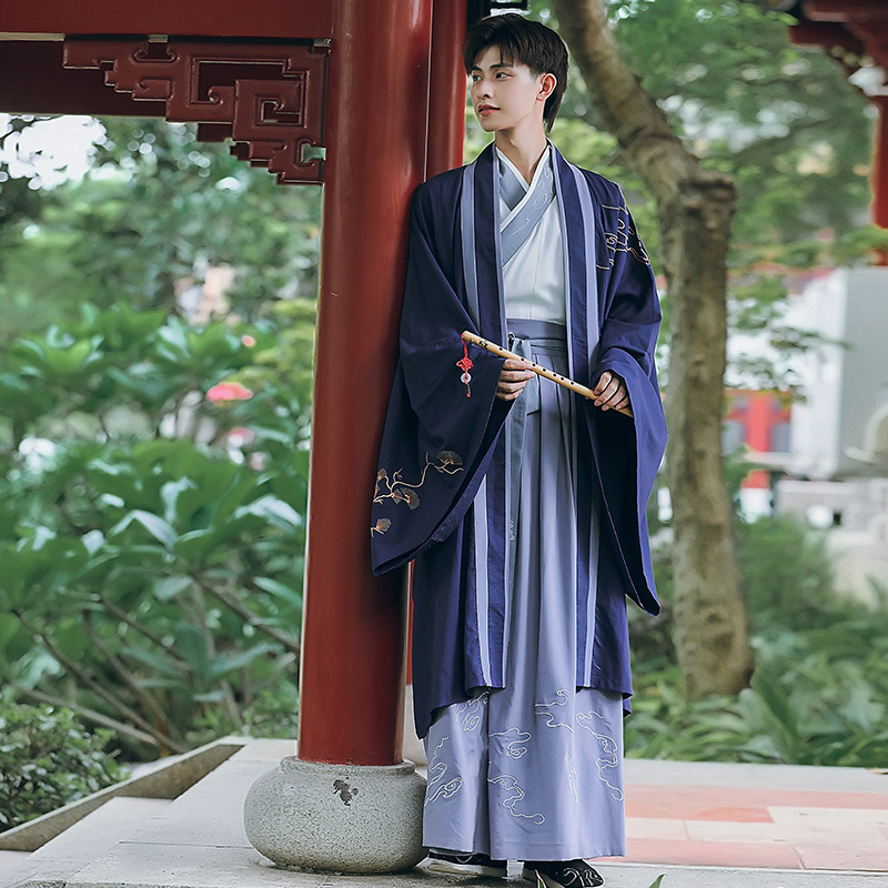 Hanfu kostim za pozornicu, tri dijela, izvezen, unisex, 95% pamuk, dugi rukavi, ovratnik stila kapuljače