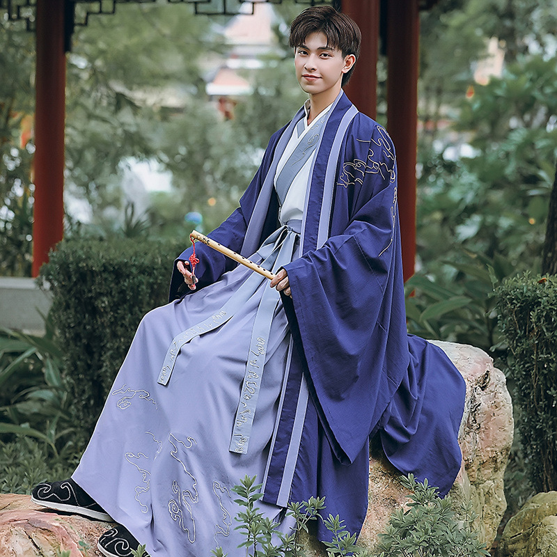 Hanfu kostim za pozornicu, tri dijela, izvezen, unisex, 95% pamuk, dugi rukavi, ovratnik stila kapuljače