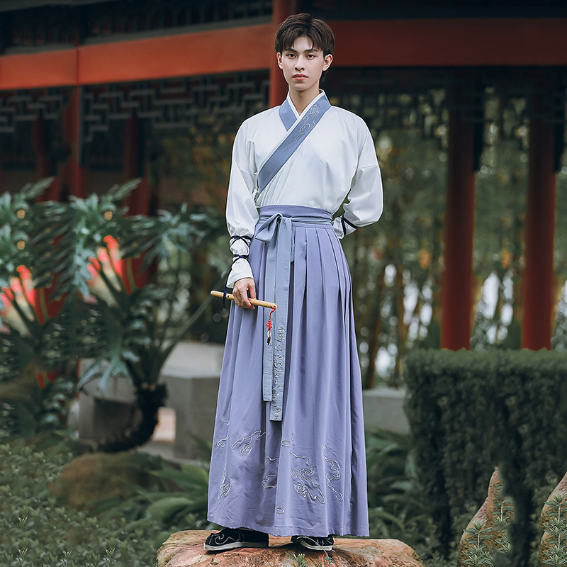 Hanfu kostim za pozornicu, tri dijela, izvezen, unisex, 95% pamuk, dugi rukavi, ovratnik stila kapuljače