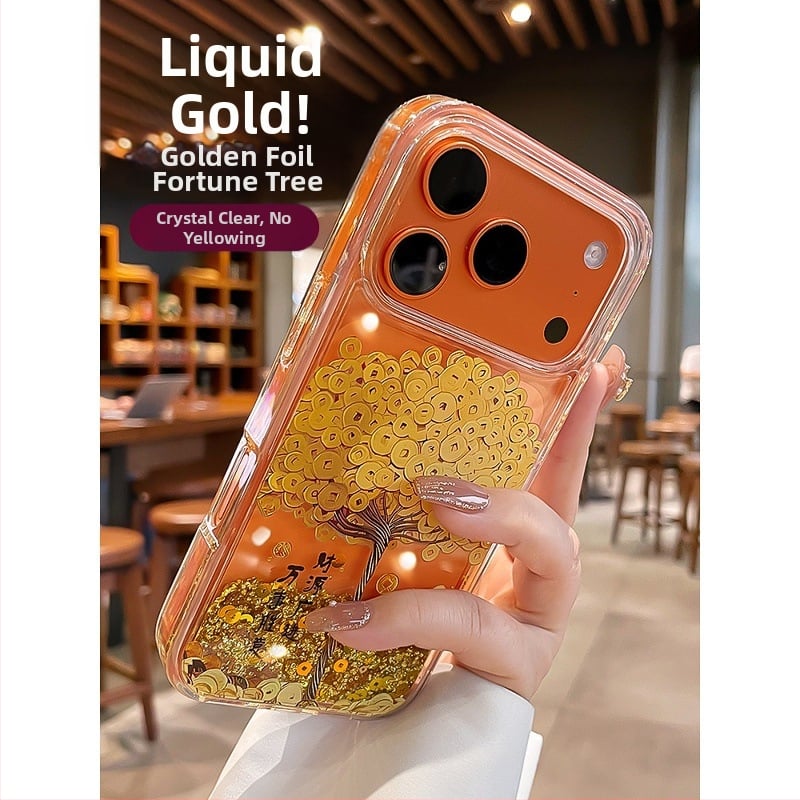 Ochranný kryt na iPhone 17/17 Pro/16 Pro Max so reliéfnym motívom stromu šťastia a zlatými mincami z fólie, priehľadný