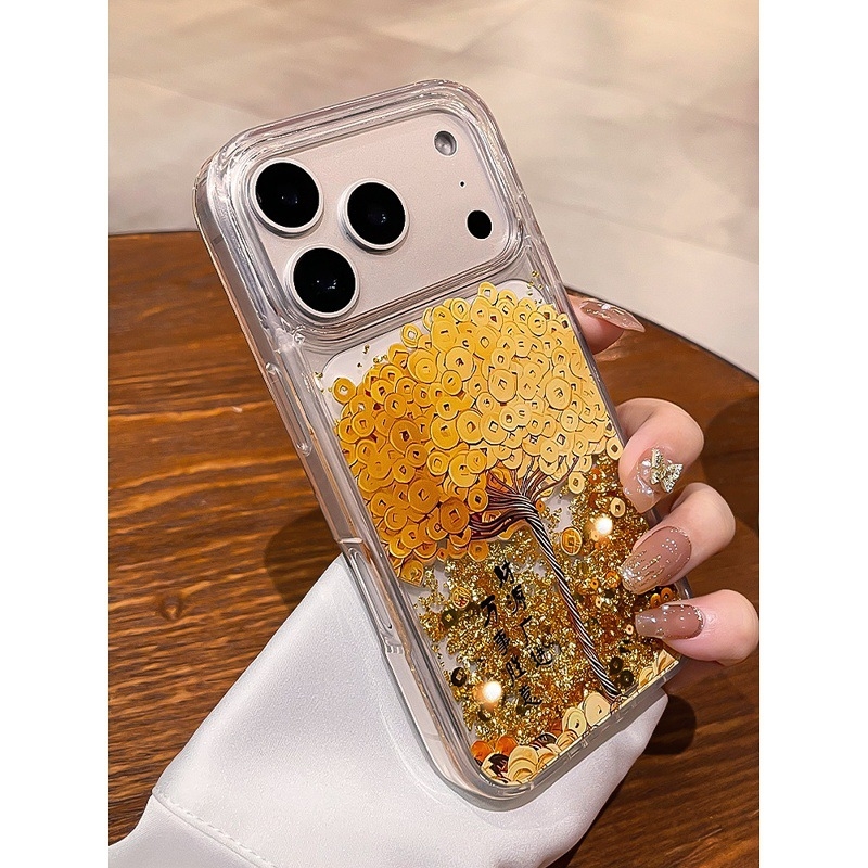 Carcasă pentru telefon cu motiv arborele bogăției, reliefată, cu monede din foiță de aur, transparentă, pentru iPhone 17/17 Pro/16 Pro Max