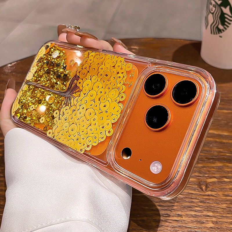 Carcasă pentru telefon cu motiv arborele bogăției, reliefată, cu monede din foiță de aur, transparentă, pentru iPhone 17/17 Pro/16 Pro Max