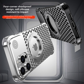 Carcasă pentru telefon din aliaj de aluminiu, cu bază magnetică rotativă și aromaterapie, compatibilă cu seria iPhone 17, disipare a căldurii