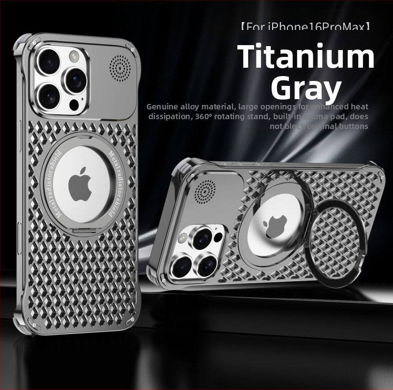 Carcasă pentru telefon din aliaj de aluminiu, cu bază magnetică rotativă și aromaterapie, compatibilă cu seria iPhone 17, disipare a căldurii