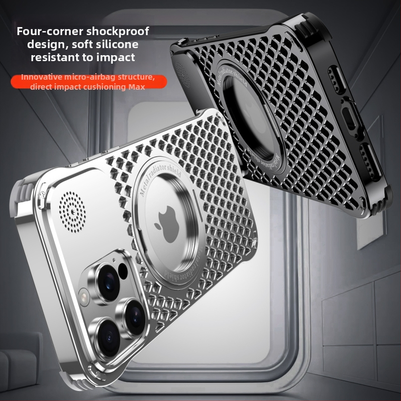 Carcasă pentru telefon din aliaj de aluminiu, cu bază magnetică rotativă și aromaterapie, compatibilă cu seria iPhone 17, disipare a căldurii