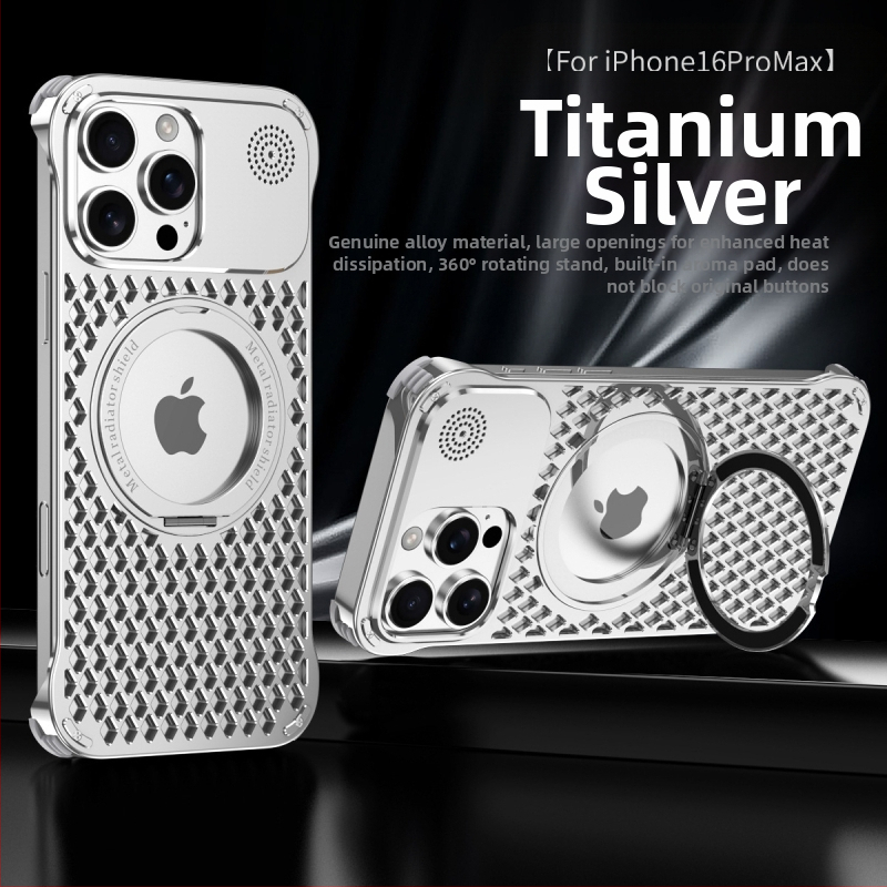 Carcasă pentru telefon din aliaj de aluminiu, cu bază magnetică rotativă și aromaterapie, compatibilă cu seria iPhone 17, disipare a căldurii