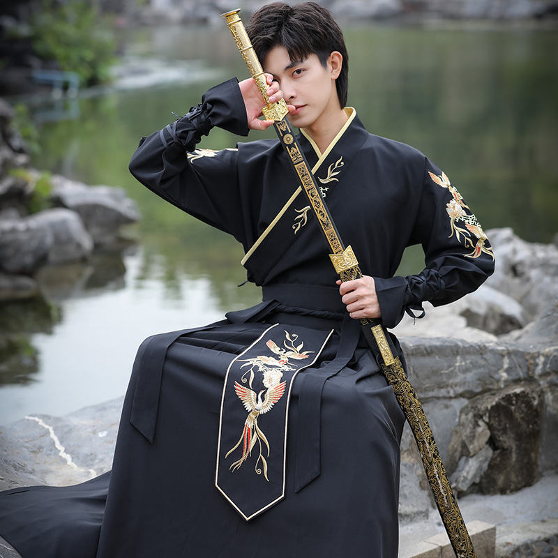 Muški Hanfu dvodijelni set s izvezom Xuan Bird, kineskog stila, pamuk