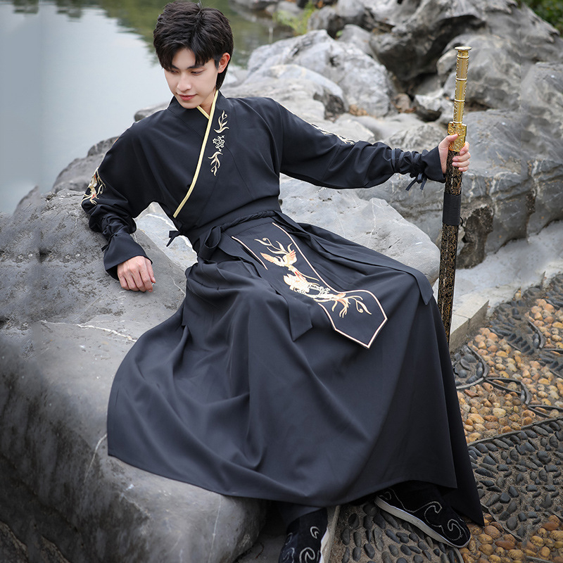 Muški Hanfu dvodijelni set s izvezom Xuan Bird, kineskog stila, pamuk
