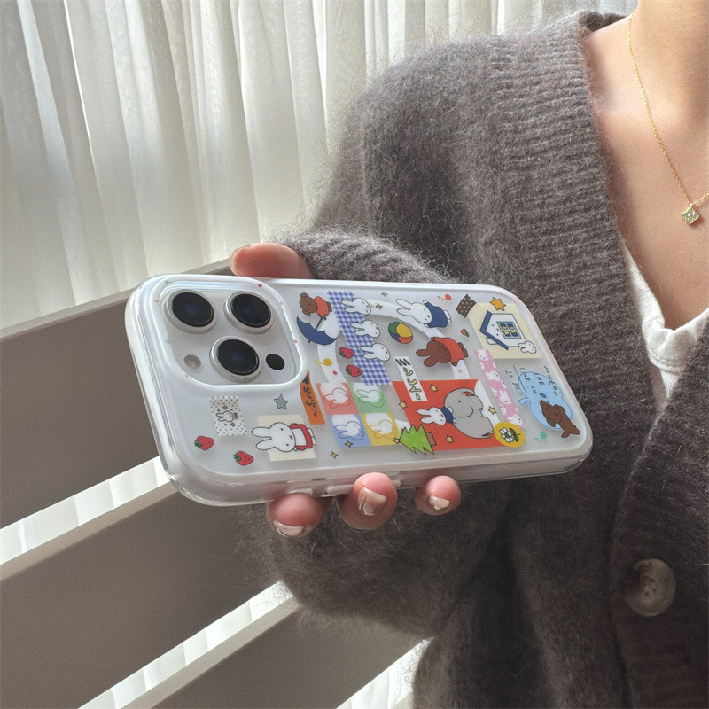 Magnetski silikonski kućište za iPhone s ilustracijom zeca i slona; otporno na pad, gravirani uzorak, kompatibilno s iPhone 11–14 Pro/Max