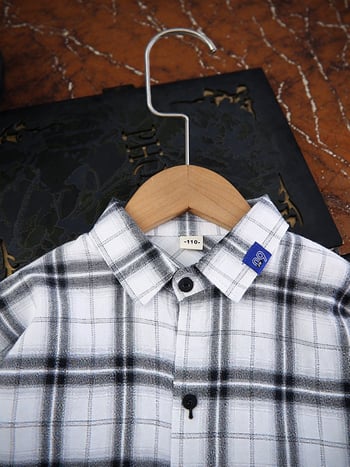 Παιδικό πουκάμισο αγοριών με καρό, μακριά μανίκια, βαμβάκι, γιακά που γυρίζει, καθημερινό στυλ