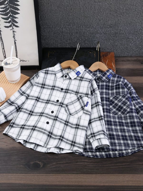 Παιδικό πουκάμισο αγοριών με καρό, μακριά μανίκια, βαμβάκι, γιακά που γυρίζει, καθημερινό στυλ