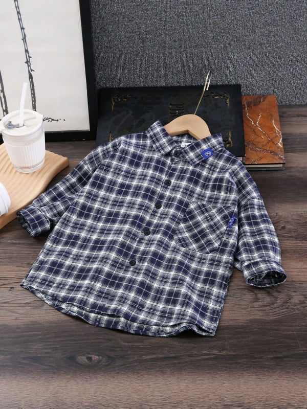 Παιδικό πουκάμισο αγοριών με καρό, μακριά μανίκια, βαμβάκι, γιακά που γυρίζει, καθημερινό στυλ